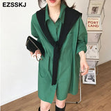 Summer Blouses Shirts dress women A-LINE midi blouse dress Female green white Oversized Shirts dress long