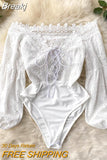 Women's Bodysuits 2023 Summer Autumn Ins Hollow Lace Spliced Lace-up V-neck Off Shoulder Lantern Sleeve Sexy Club Body