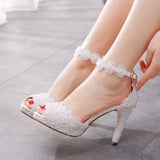 Breakj Yard Fish Mouth High Heel Sandals Waterproof Table Sandals Fine Heel Lace Beaded Wedding Shoes Wedding