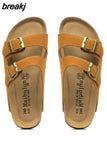 2023 New Summer Men Cork Slipper Casual Beach Double Buckle Non-slip Outside Nubuck Leather Slip on Slides