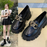 Women Spring New Black Platform Flats Shoes Women Loafers Slip on Boat Shoes Metal Chain Designer Casual Leather