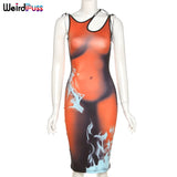 Puss Sexy Aesthetic Print Long Dresses Women Summer Sleeveless Bodycon Stretchy Hipster Club Streetwear 2021 New