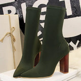 New Women Stretch Sock Boots Chunky Block Heels High Heels Spring Autumn Sexy High-Heeled Boots Pointed Womens
