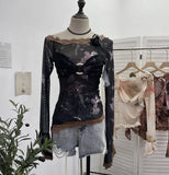 Real Shooting Lace Splicing Oblique Shoulder Thin Tie-Dye Mesh T-Shirt Girl T-Shirt T-Shirt Shawl T-Shirt