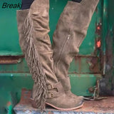 Women Long Boots Fashion Tassel High Heels Knee High Boots Solid Flock Leather Slip-On Long Spring Autumn Boots 2020 Botas