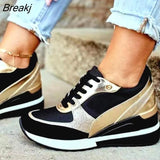 Spring Autumn Winter New Color Matching Low-top Daily Black Gold Breathable Round Toe Women Slope Heel Casual Female