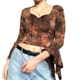 Khaki Vintage Print V Neck Flare Long Sleeve Y2K Tops Cute E Girl Fairy Grunge Aesthetic Graphic T Shirts for