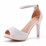 Breakj Fish Mouth High-Heeled Sandals Waterproof Table Sandals Fine Heel Pearl Beads Wedding Shoes Wedding