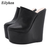 Platform Wedge Round head Pumps Slippers Black Summer Shoes Woman Sexy Super High Sandal Slippers Black