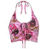 Summer Backless Sexy Halter Crop Top Women Wave Printed Sleeveless Tanks Camis Tops Tees Ladies Fashion