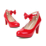 Fashion Women Ankle Strap Spike High Heels Bow Platform Round Toe Pumps Glossy Patent Leather Summer Autumn Sweet Lolita