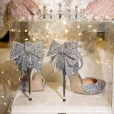 Bow High Heels Summer New Thin-Heeled Single Shoes Crystal Bridesmaids Wedding Shoes Hollow