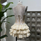 Age-Retro-Erecent Sweet Summer 2025 Fashion Lace Court Wind Fish Bone Chest + Folded Cake Half-Skirt Women
