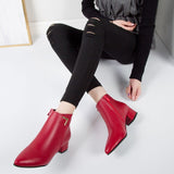 Women Boots Casual Leather Low High Heels Spring Shoes Woman Pointed Toe Rubber Ankle Boots Black Red Zapatos