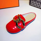 Women Slipper Low Heels Casual Slides Flip Flop Round Toe New Arrival Brand Design Gold Chain Closed Slip On Shoes