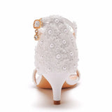 Queen Women White Pearl Lace Wedding Shoes Female Fetish Strappy Stiletto Lady Summer Sexy Pumps 5cm High Heels