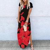 Summer New Fashion Striped Strapless Dress Loose Round Neck Short Sleeve Long Dress Casual Elegant Moon Star Printing