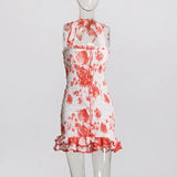 2025 Spring New Fashion Temperament Printing Design Wood Ear High-End Sense Short Hanging Neck Dress