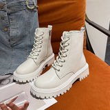Combat Boots Women White PU Leather Motorcycle Boots Punk Gothic Shoes Fashion Lace Up Black Ankle Boots Female