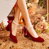 Breakj Jane Shoes 2025 New French Pearl Chain Bow High Heels Round Head Thick And Shallow Single