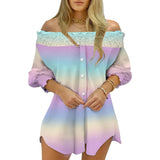 Neck Single Breasted Shirt Three Quarter Sleeve Women Print Puff Sleeve Clothes Loose Ladies Female Spring Autumn Tops