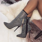 Women Ankle Boots Plus Size 35-42 Rhinestones High Heels Shoes Woman Zip Pointed Toe Sexy Motorcycle Boots For