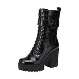 Martin Boots 2023 Autumn / Winter Cheongsam Walking Shoes Tie English Style Thick Heels Lacquered Leather Boots Women's Short