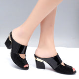 Patent Leather Straight Water Drill Coarse Heel Women's Sandals Heel Fish Mouth Casual Sandals Cover Toe Slippers