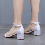 Breakj Cm Square Heel Sandals Shallow Mouth With Buckle Sandals Ivory White Silk Satin Cloth Bride White Sandals