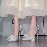 Lace Flower Single Shoes For Women With Pointy Heels In Spring And Summer 2023 Silver Super Fairy Wedding