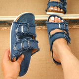 Summer Women Fashion Canvas Cork Slippers Casual Double Buckle Tassel Clogs Slides Non-slip Outside