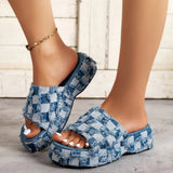 Breakj Washed Denim Thick Base Slippers Geometric Pattern Jacquard Plaid Slippers Women