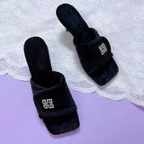 Slippers 2021 Winter Square Toe Velvet Slippers Thin Heels Chic Bling Rhinestone Slides Ladies Fashion Flip Flop