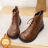 Wide Toe Small Leather Boots Ankle Boots Autumn Winter Plus Velvet Warm Short Boots Mori Literary Casual Women