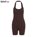 Puss 2021 Spring Overalls For Women Halter Sexy Romper Ribbed Skinny Stretchy Sporty Fitness Backless Playsuits