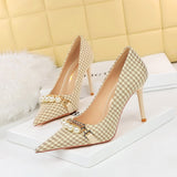 Breakj Thousand Bird Case High Heels Slender High Heels Shallow Pointed Pearl Chain Plaid Women's Single