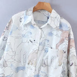 Dog Print Single Pocket Loose Shirts Female Long Sleeve Blouses Casual Lady Turndown Collar Tops Blusas