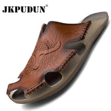 Genuine Leather Men's Sandals Classic Breathable Slip-On Sandals Men Casual Beach Shoes Outdoor Slippers Plus Size