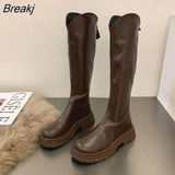 Winter Platform Women Long Boot Fashion Thick Sole Flats Heels Round Toe Knee High Boot Back Zipper knight