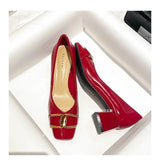 Buckle Thick Heel High Women's Grandma French Soft Retrosingle Shoes Patent Metal Autumn Leather