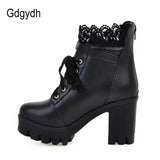 Wholesale Lace Ankle Boots Thick High Heels Women Boots Sexy Lacing Round Toe Platform Ladies Shoes Large Sizes