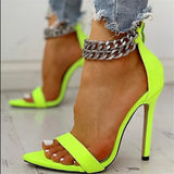 Thin Heels Leopard Women Sandals Green Brown Metal Chain Ankle Strap Tied Open Pointed Toe 36 To 43 Female Sandali