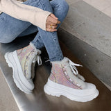 Genuine Leather Ankle Boots Woman Real Wool Fur Snow Boots Flat Platform Shoes Lace Up Short Boots Female Winter Size