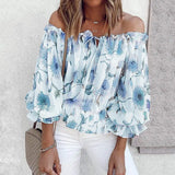 Summer Women Slash Neck Off-shoulder Print Chiffon T-shirts Casual Loose Flared Sleeves Streetwear Tops Elegant