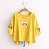 New Summer Crop Tops Women T Shirt Letter Print Short Sleeve Cotton Loose Yellow Black White Short