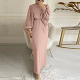 2022 ZANZEA Elegant Lace Up Muslim Dress Women Long Sleeve Maxi Solid Sundress Robe Femme Female Marocain Turkish Vestidos