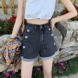 Shorts Women Summer Wide Leg High Waist Cute Heart Lady Short Jeans Pants A-line Blue Black Casual Woman Denim