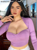 Square Collar Tops Y2K Woman Sexy Long Sleeve Skinny Purple Autumn Basic Female Fitness Casual Fashion T-Shirts