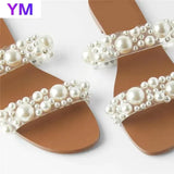 2021 Summer Women Sandals Solid Color Pearl Open Toe Flat Sandals Outdoor Beach New Fashion Plus 35-43 Zapatillas Mujer