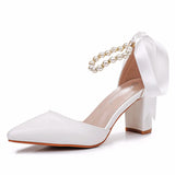 Breakj Cm Thick Heel Pointed Sandals With Shallow Female Sandals White Beaded Wedding Bride High Heels Large-Size